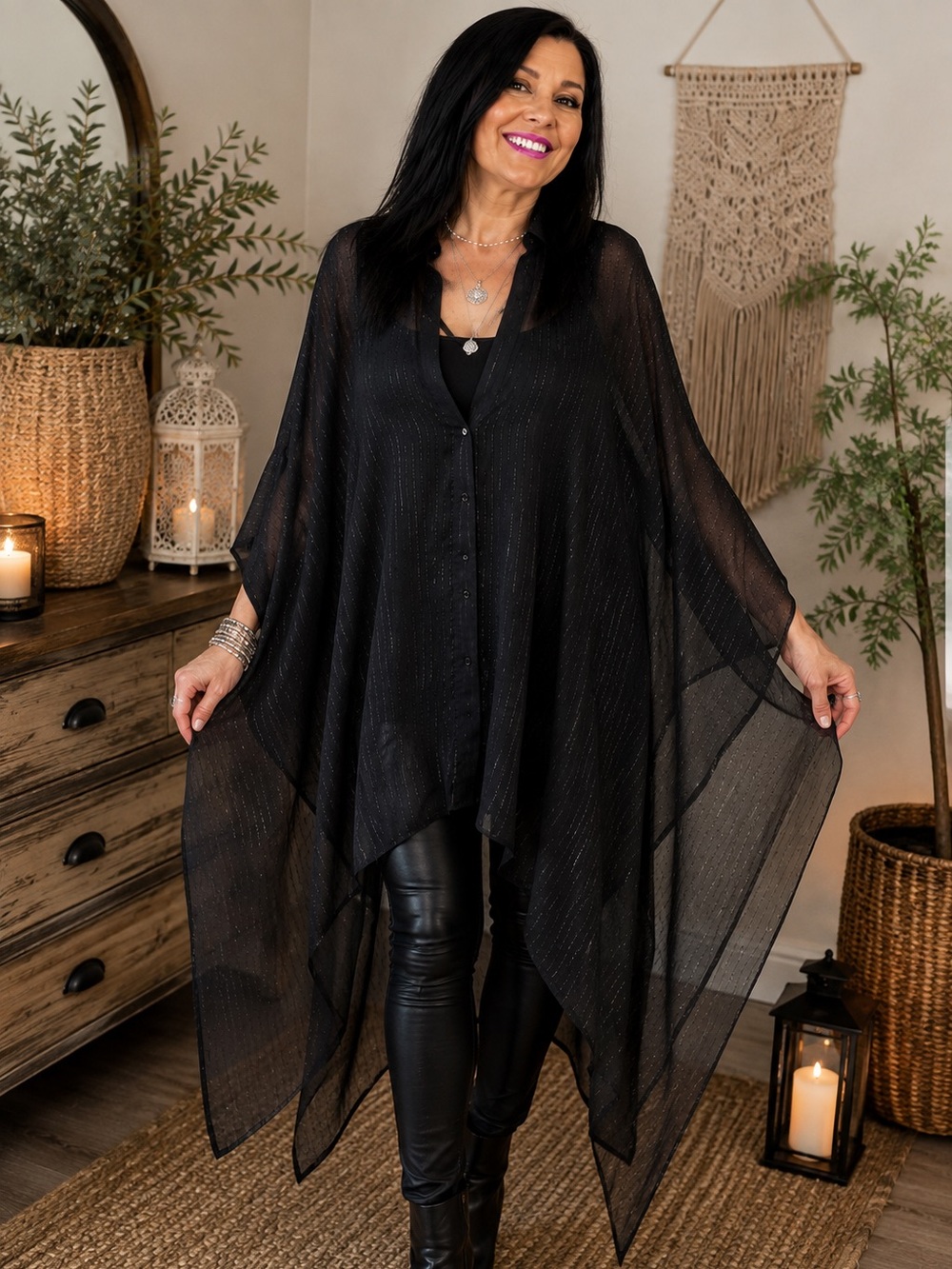 Cover Me L/XL Black Sheer Metallic Stripe Poncho Tunic Cover Up